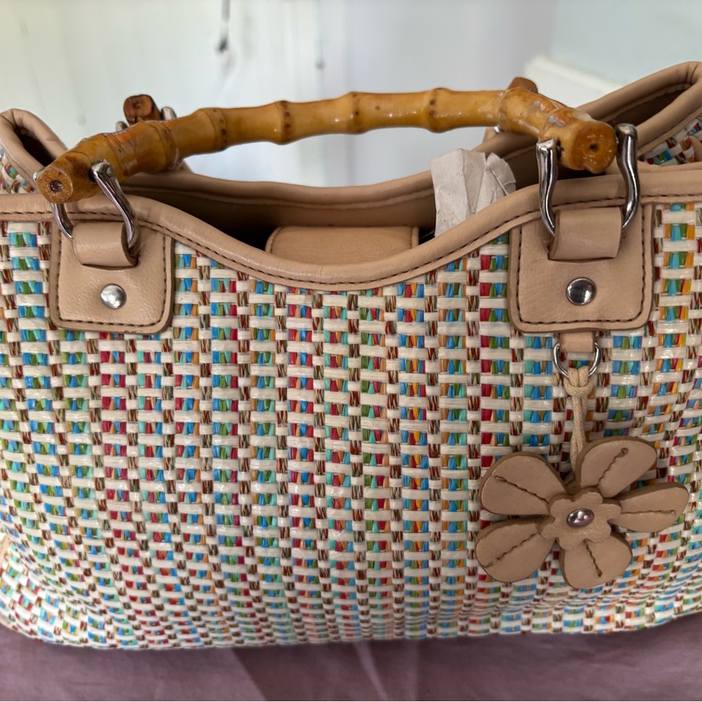 Multicolor Woven Tote Bag with Bamboo Handle